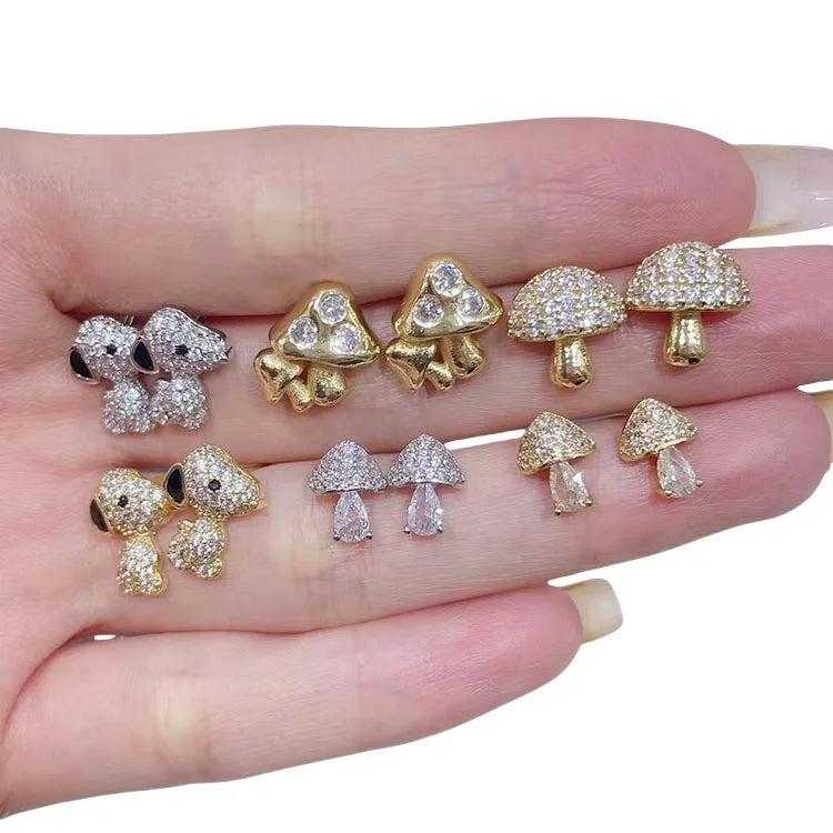 EC2050 New Stylish Trendy Chic Dainty 18k Gold Silver Plated CZ Pave Mushroom Dog Studs Stud Earrings for Women