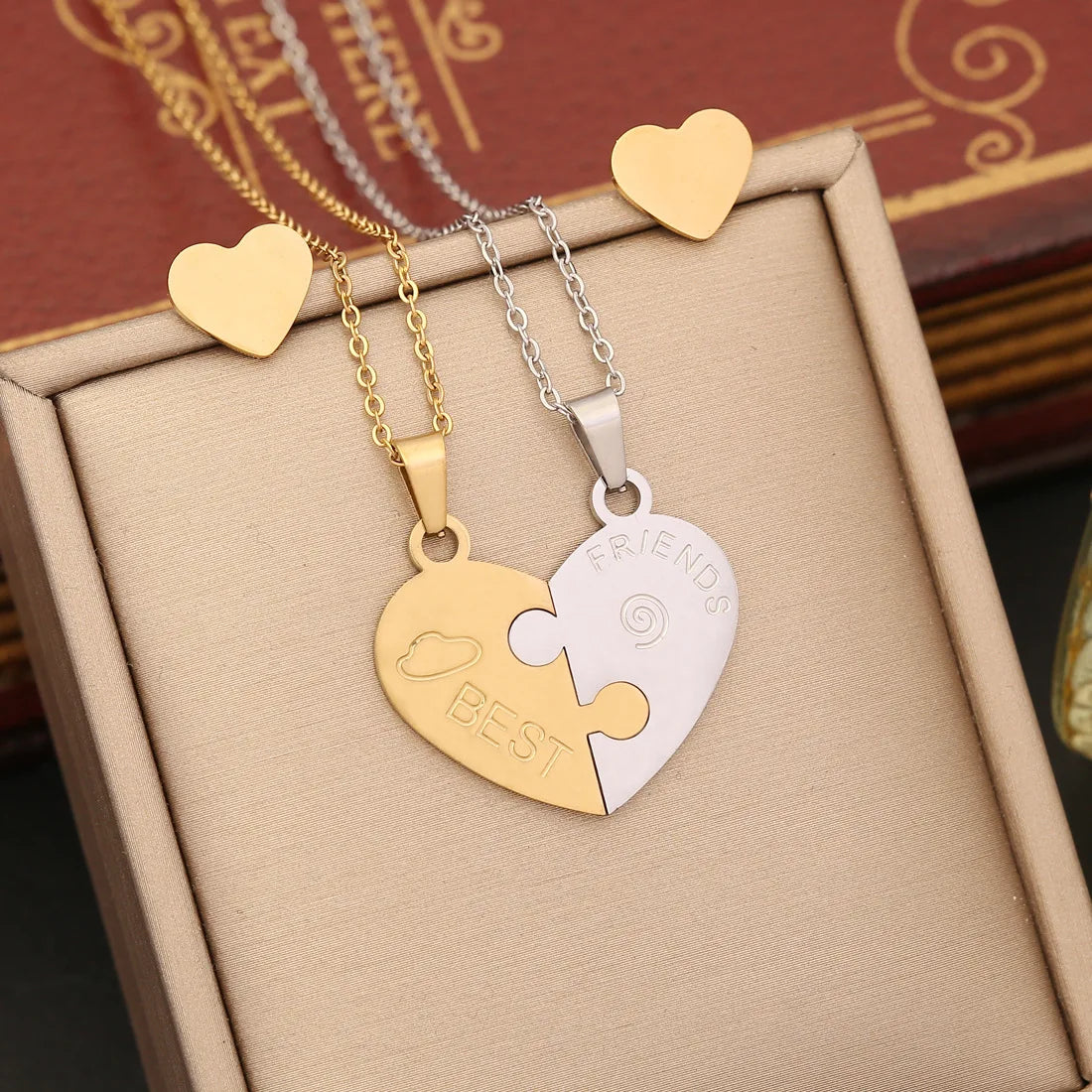 New Simple Tarnish Free Heart Key Puzzle Necklace and Earrings Set 18k Gold Plated Stainless Steel Fashion Jewelry Set for Women