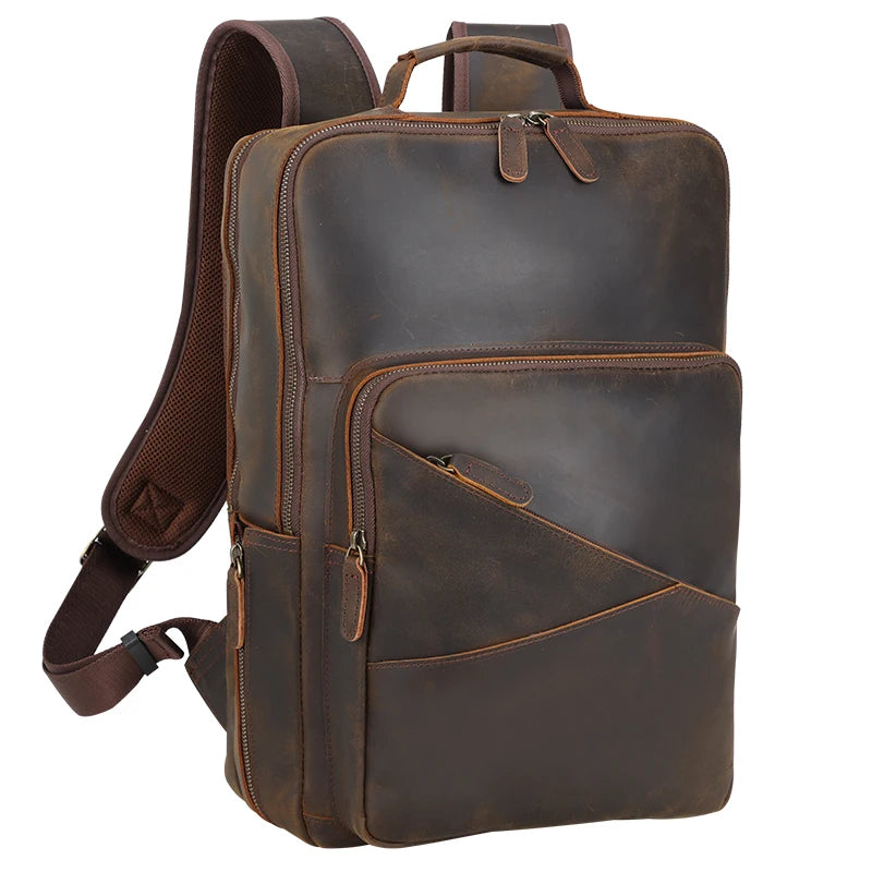 Custom LOGO Vintage Pure Cowhide Laptop Computer Back Pack Bag Men Crazy Horse Full Grain Genuine Cow Real Leather Backpack