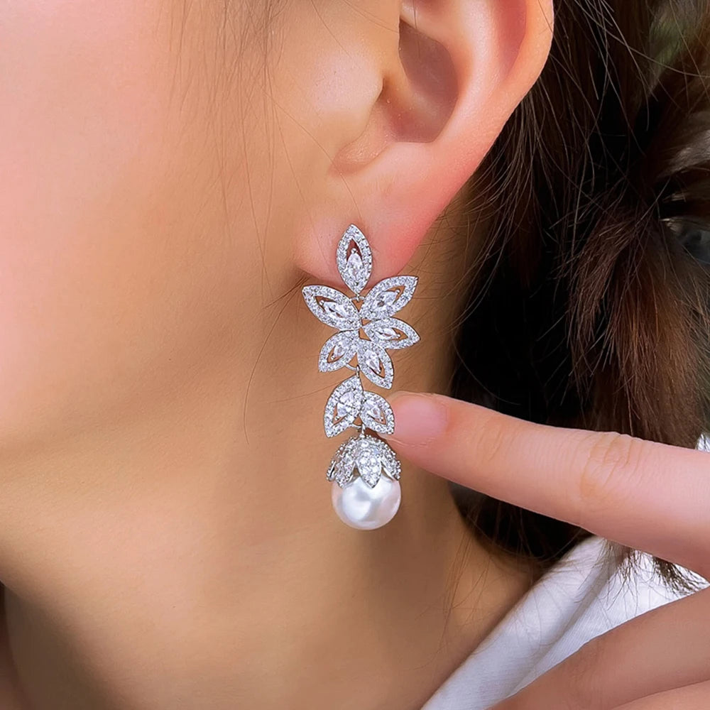 Silver Plated Marquise Cut Cubic Zircon Long Leaf Drop Pearl Dangle Earrings for Women Brides Wedding Party Anniversary Jewelry