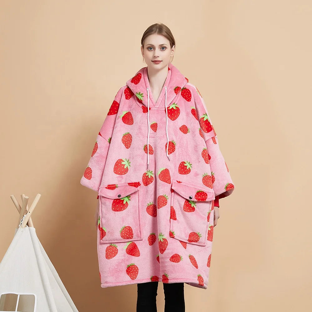 Printing Custom Design Flannel Fleece Sherpa Hooded Blanket Wearable Sweatshirt