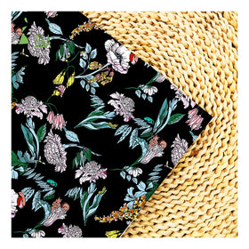 Luxury Black Background Floral & Plant Printed Pattern Fabric 100% Polyester Satin Fabric for Garment