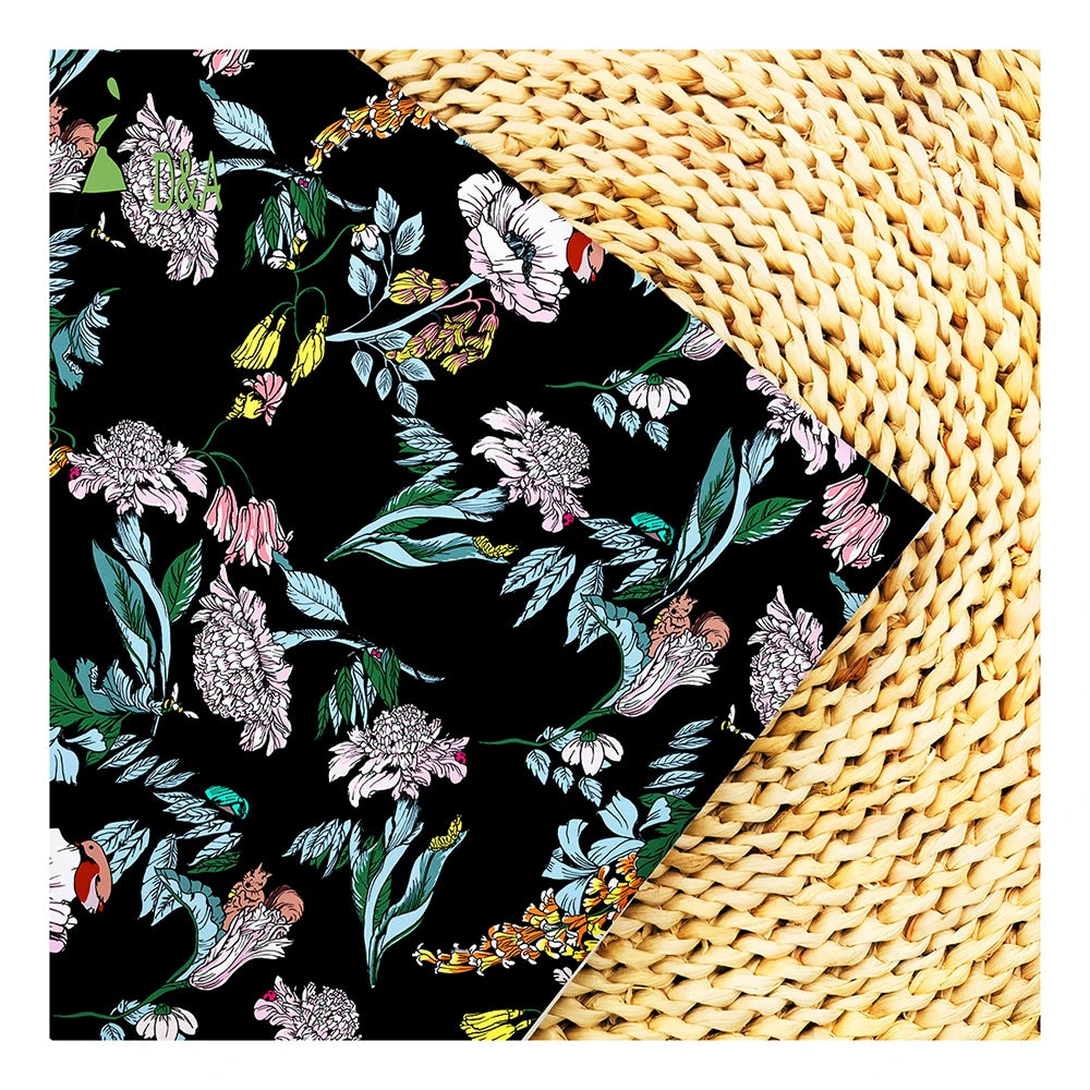Luxury Black Background Floral & Plant Printed Pattern Fabric 100% Polyester Satin Fabric for Garment