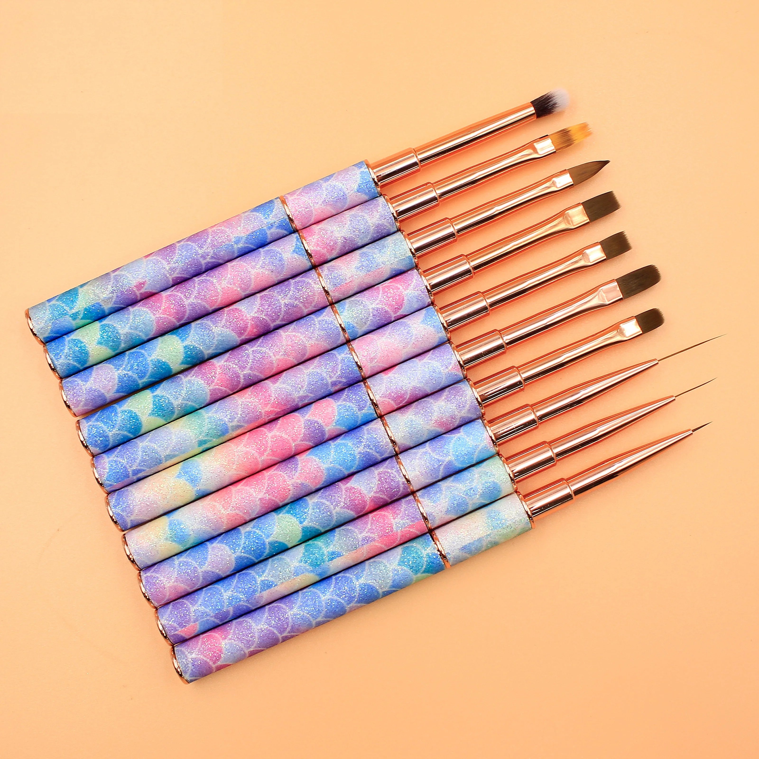Newest Custom High Quality Nail Art Brush Line Drawing Pen Colorful Fish Scale Handle Gel Nail Polish Brushes for Manicure