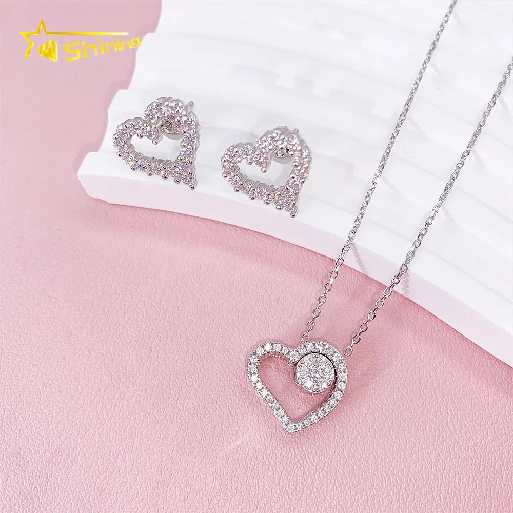 Wholesale Cheap Women Girls Moissanite Jewelry 18K Gold Necklace Heart Pendant and Stud Earrings Jewelry Set
