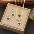 2023 Hot Fashion Jewelry Set Emerald Heart Double Layered Necklace Luxury Stainless Steel Heart Hoop Earrings Necklace for Women