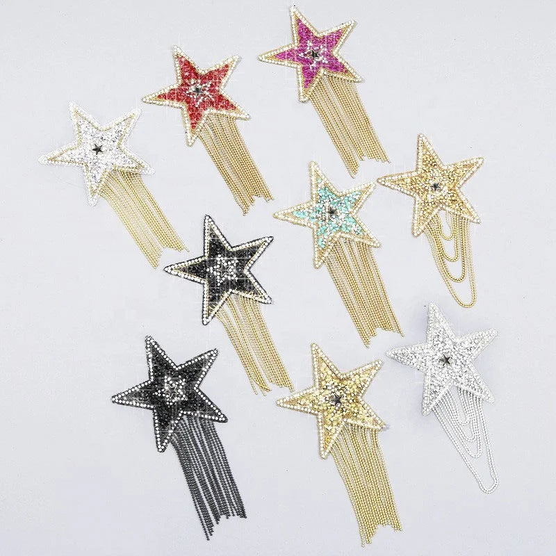Fashion Clothing Accessories Crystal Rhinestone Beaded Star Applique Patch Iron on Stone Star Patch With Metal Tassel for Dress