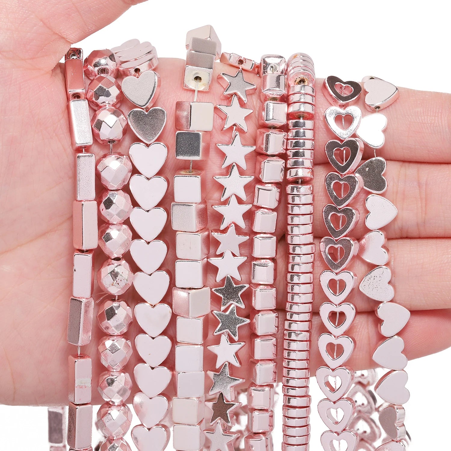 Handmade Faceted Heart Cube Star Shape Stone Beads Natural Pink Plated Hematite for Jewelry Making DIY Bracelet