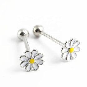 Cute Enamel Flower Daisy Tongue Piercing Jewelry Stainless Steel Barbell Sun Flower External Thread Screw Stud Tongue Pin