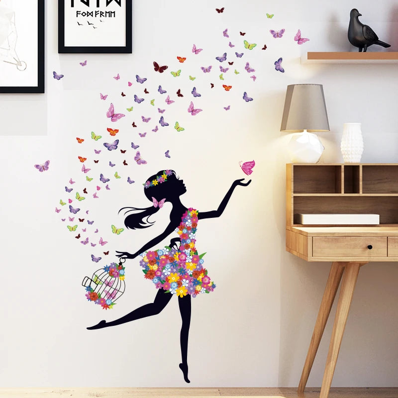 Fashion Beauty With Colorful Butterflies Dress and Birdcage Wall Stickers Elegant Women Wallpaper Home Decor for Woman Bedroom MegaBDM