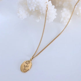 Valentine's Day Gift Women's Jewelry 18k Gold Plated Stainless Steel Dainty Oval Rose Flower Pendant Necklace Accesorios Mujer