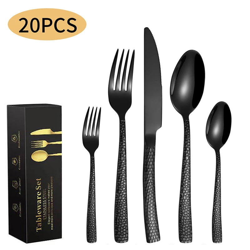 20 Piece Stainless Steel Flatware Set Tableware Silverware Set with Matt Black Spoons Forks Knives Stainless Steel Cutlery Set
