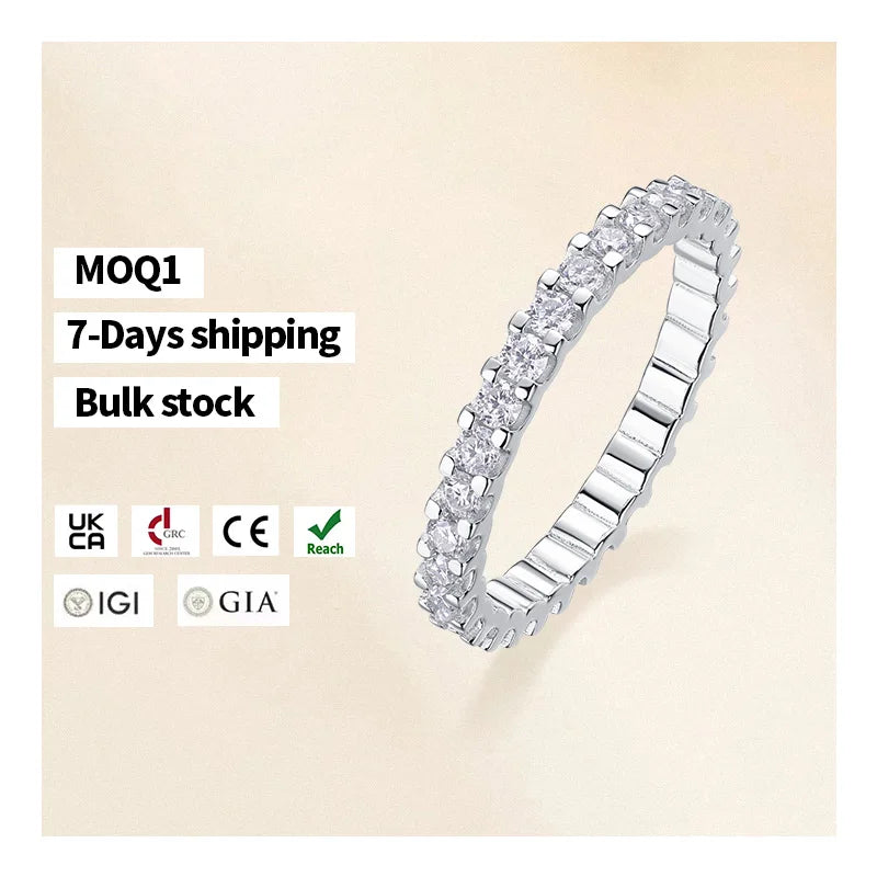 Fast Delivery  Unisex 925 Sterling Silver 2mm Real Moissanite Eternity Wedding Ring White Gold Plated Fine Jewelry