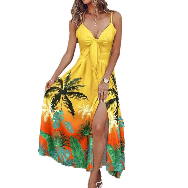 Trendy Fashion Women's Yellow Floral Print Spaghetti Strap V Neck Button Detail High Split Maxi Casual Summer Dress