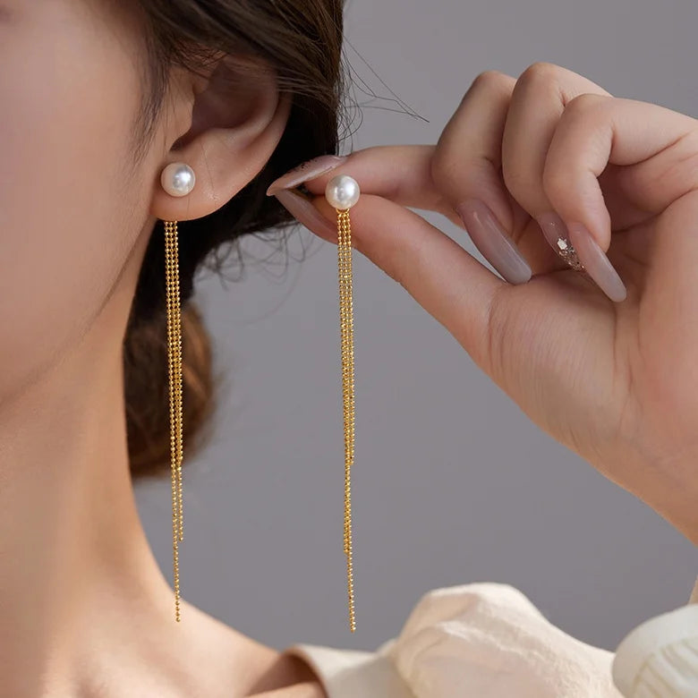 Long Tassels Pearl 925 Sterling Silver Elegant Jewelry Long Line Earrings Women