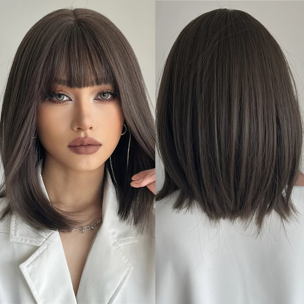 Factory Outlet Synthetic Bob Short Hair with Bangs Straight Black Brown Natural Color Rose Net Wig Heat Resistant