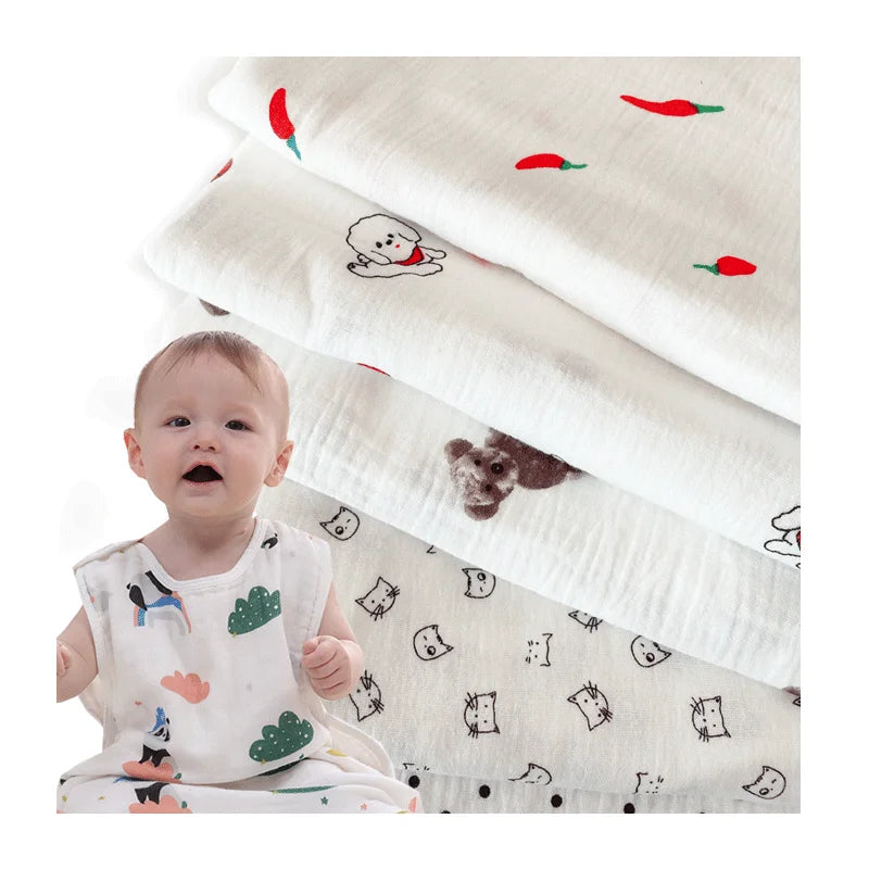 In Stock 100% Cotton Many Print Pattern Double Layer Crepe Gauze Muslin Fabric for Children Clothing