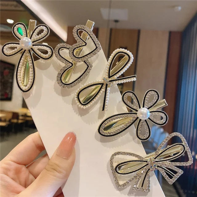 2022 Summer Beauty Stock Pearl Bow Hair Pins Women Star Rhinestone Alligator Hair Clip