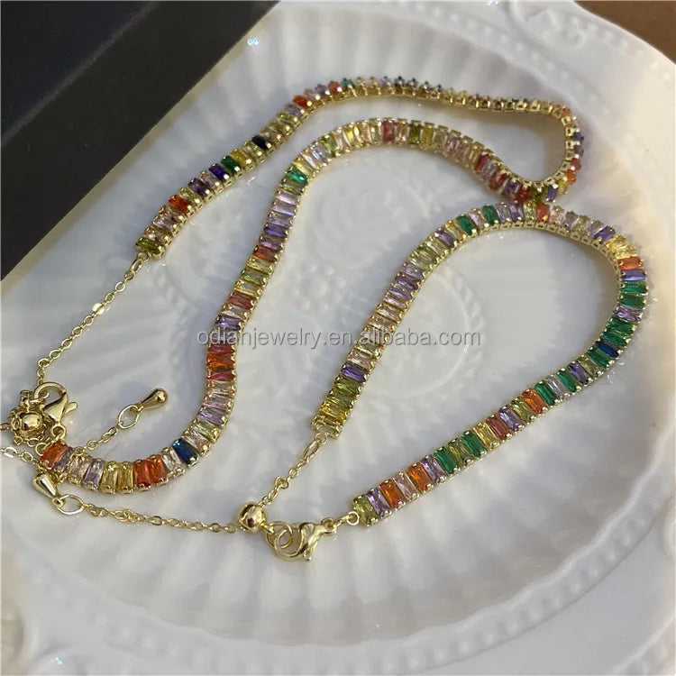 High End Colorful Pink Green Purple Baguette Women Jewelry 18K Gold Plated Stainless Steel Pave Cubic Zirconia Zircon Necklace