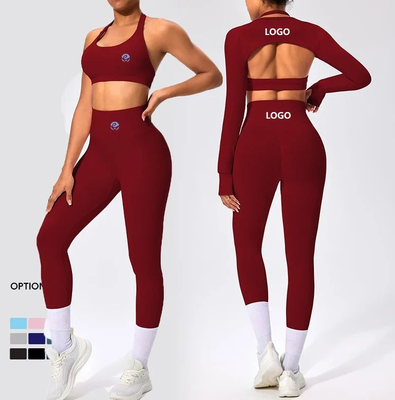 Wholesale High Quality Seamless 3 Piece Womens Yoga Sets Long Sleeve Top Yoga Set for Women