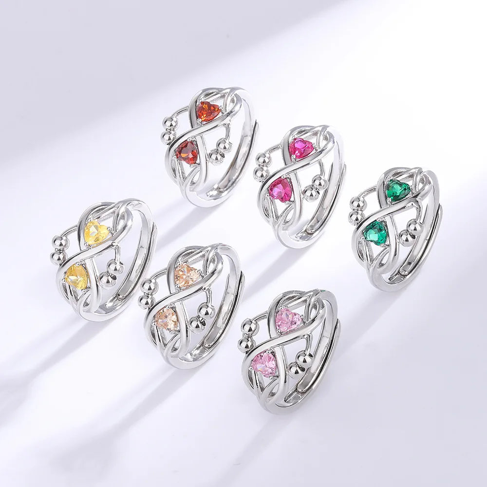Fashion Rotatable Colorful Bead Fidget Anxiety Ring for Women Girls Anti Stress Jewelry Rotating Zodiac Birthstone Opening Ring