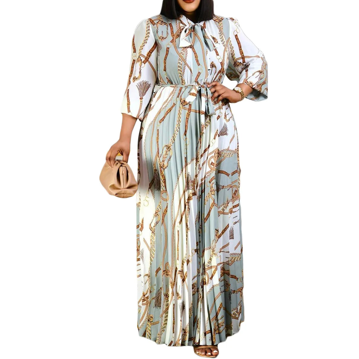 2022 Hot Sale Autumn Ladies Printed Dress With Belt Women's Plus Size Dress High Waist Long Sleeve Dress