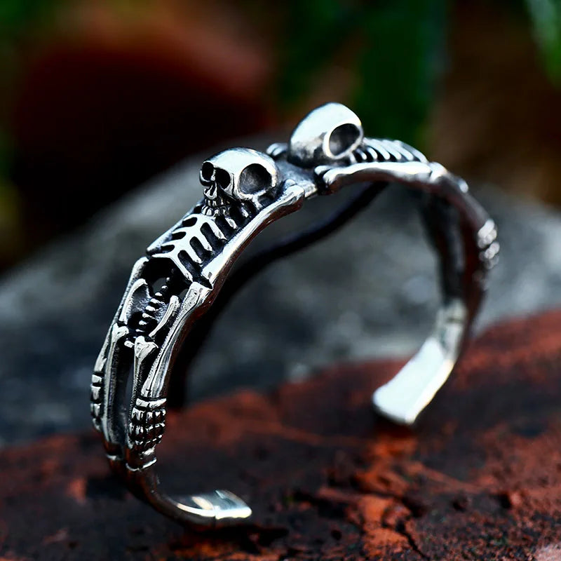 SSG-038 Stainless Steel Handmade New Unique Design Stainless Steel Double Skull Skeletons Bracelet Men's Punk Hip Hop Gothic