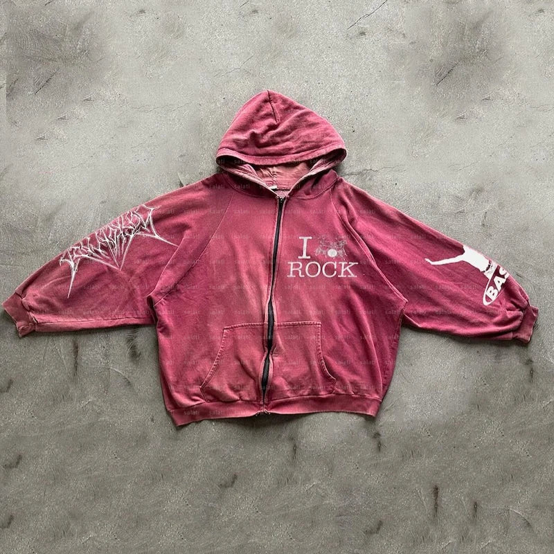 Y2K Vintage Hoddies Jackets Cotton 500GSM Zip up Oversized Heavyweight Drop Shoulder Boxy Print Acid Wash Distressed Hoodies Men