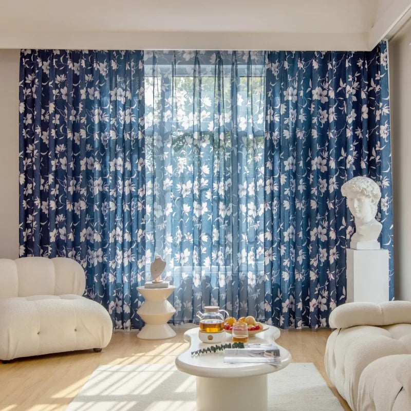 Wholesale Luxury American Style Polyester Blackout Blue Floral Printed Curtains with Light Sheer for Living Room Windows