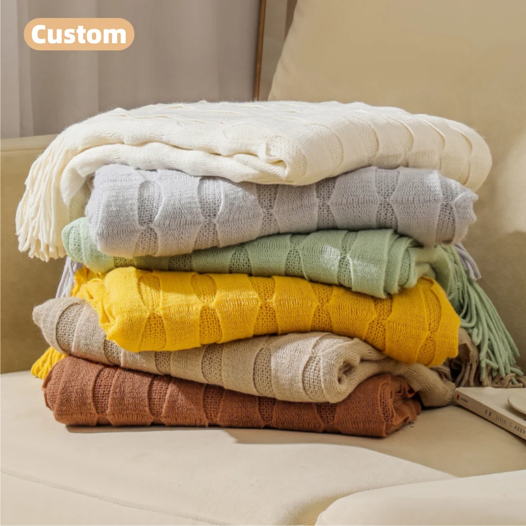 Custom Eco-friendly Acrylic Polyester Knitted Throw Blanket Bohemian Soft All-Season Use Warm Solid Color