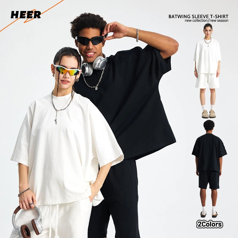 Custom Logo Black/White Tees Unisex Oversized Boxy Batwing Sleeve T-Shirts for Men & Women