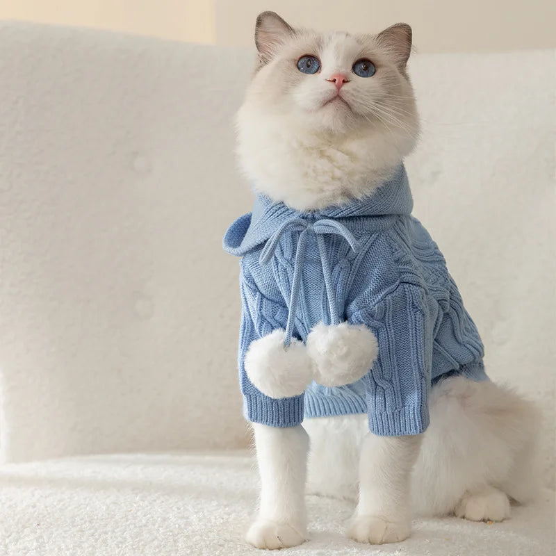 Spring/Autumn Dog Blue Pom-Pom Hoodie Sweater for Small/Medium Dogs - Teddy Pomeranian Knitted Cat and Dog Clothing