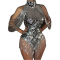 Sparkly Halter Backless Silver Sequins Tassel Mini Club Dress Sexy Showgirl Dance Stage Performance Costume Women Party Dress