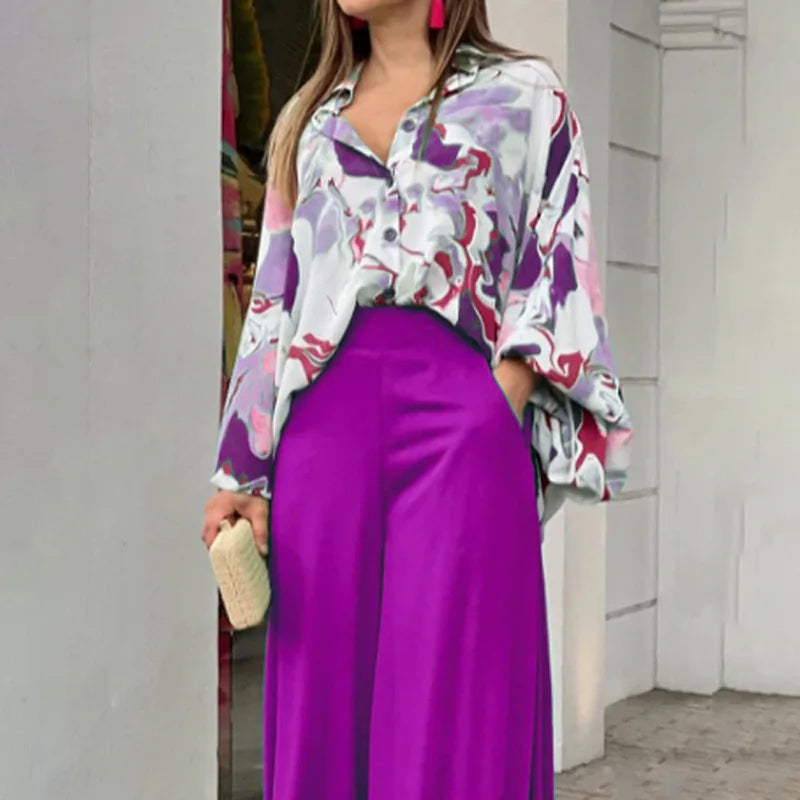 Summer Two Piece Sets Women Flower Print V-Neck Long Sleeve Shirt Tops and High Waist Pants Suit Casual Tracksuit Female Outfits