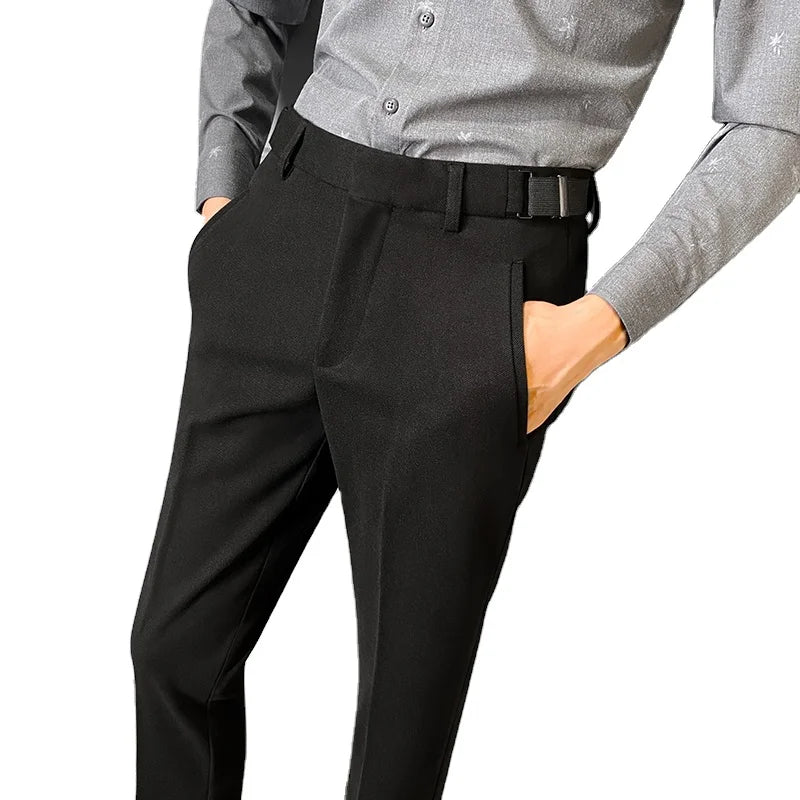 Spring Autumn Men's Casual Slim Straight Mid Waist Stretch Nine Point Suit Trousers 100% Polyester Waterproof Windproof