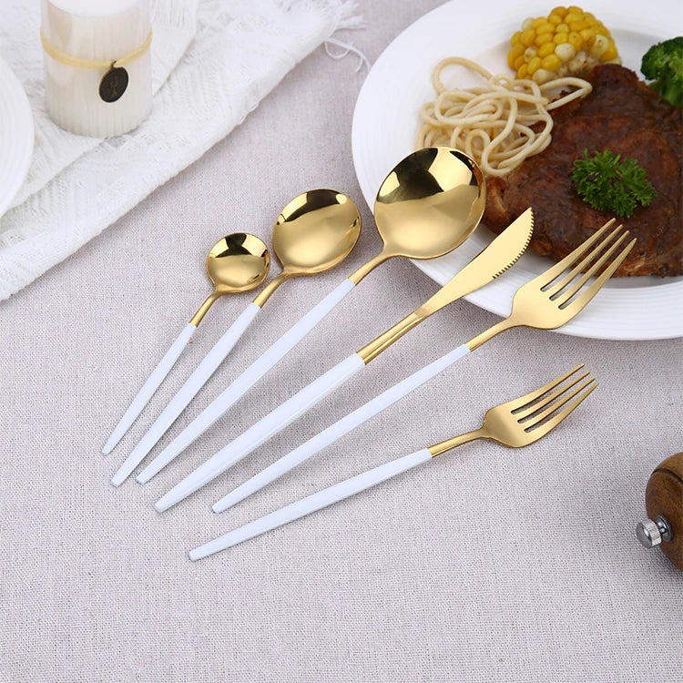 Nordic Stainless Steel Gold Unique Style Mirror Polish Back to School Vintage Colored White Handle Flatware Sets SLD Wedding