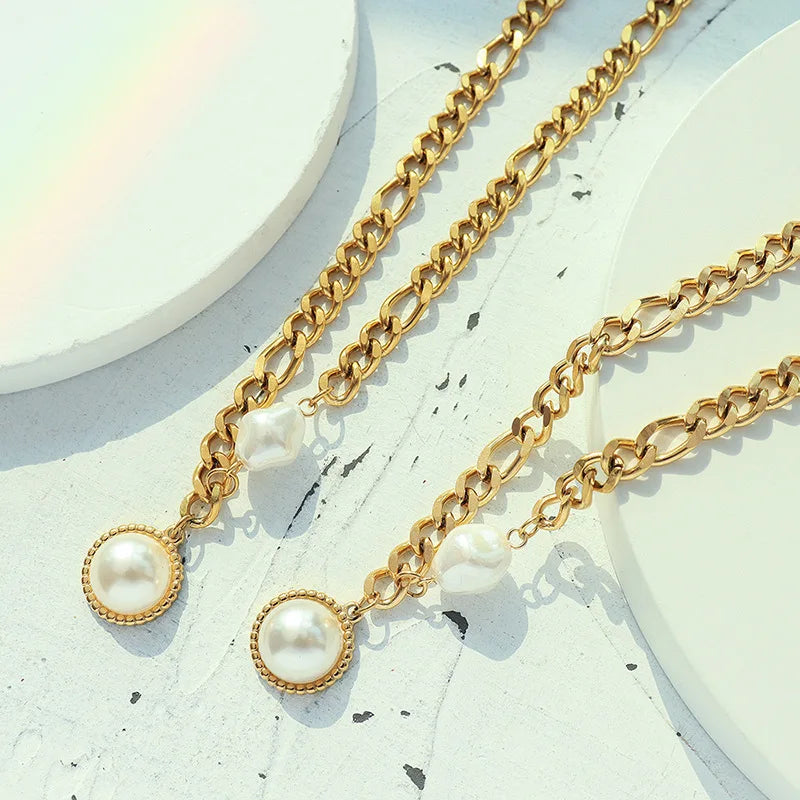 Chain Fresh Water Pearl 18k Gold Plated Clavicle Stainless Steel Opal Pendant Choker Necklace Collier En Acier Inoxydable