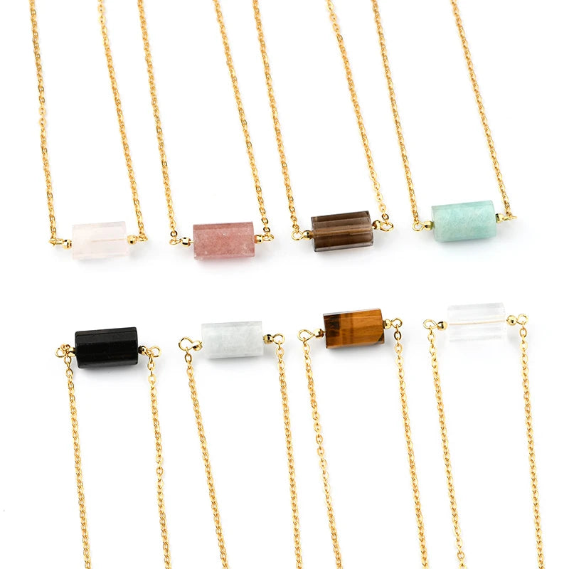 18k Gold Natural Crystal Stone Cylinder Bead Necklace 16-10mm Big Cylinder Stone Bead Chain Necklace