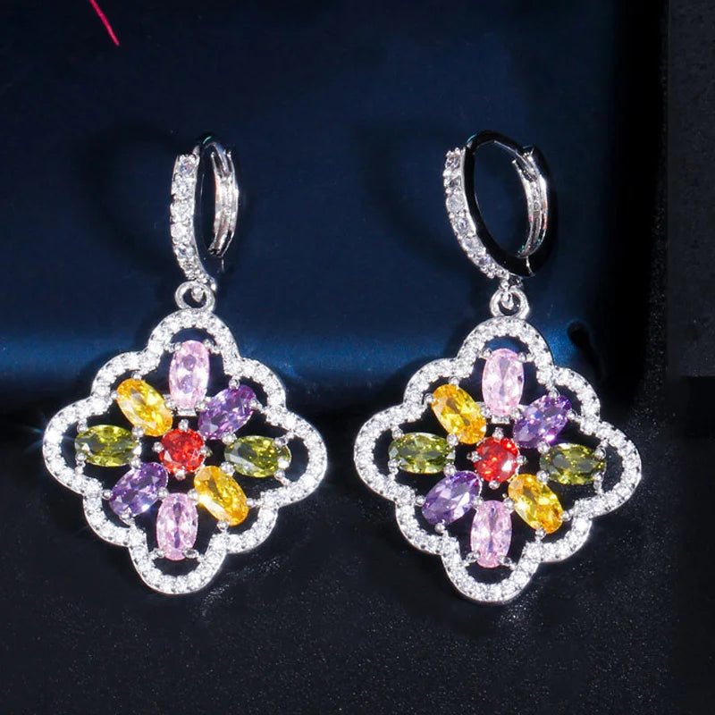 Fashion Flower Shape Cubic Zircon Christmas Gift Wedding Bride Huggie Earring for Women Long Dangle Drop Jewelry
