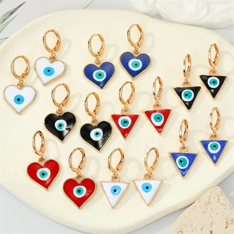 Vintage Blue Oil Drop Devil Eye Geometric Drop Earrings Colorful Enamel Love Heart Evil Eyes Hoop Earrings for Women