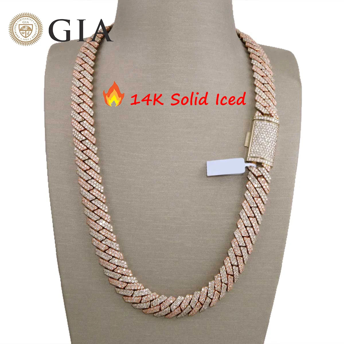 Hip Hop Jewelry 14mm Real 14K Gold Cuban Link Chain Necklace and Bracelet VS Natural Diamond Iced Out Prong Setting