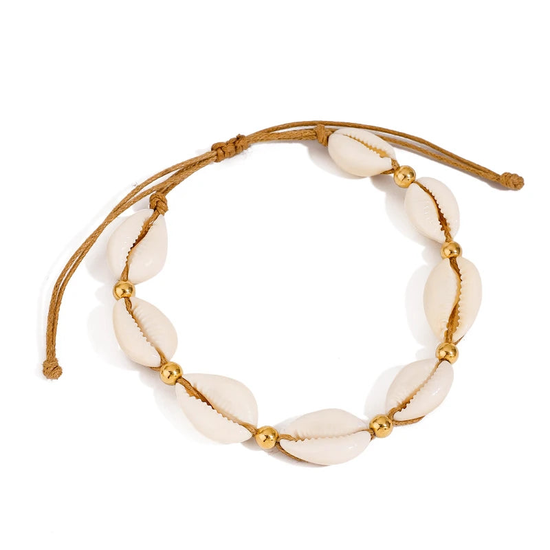 G3844 Wholesale Summer Beach Anklet for Women Shell Steel Ball Wax Thread Braiding Adjustable Foot Chain Fashion Jewelry Anklets