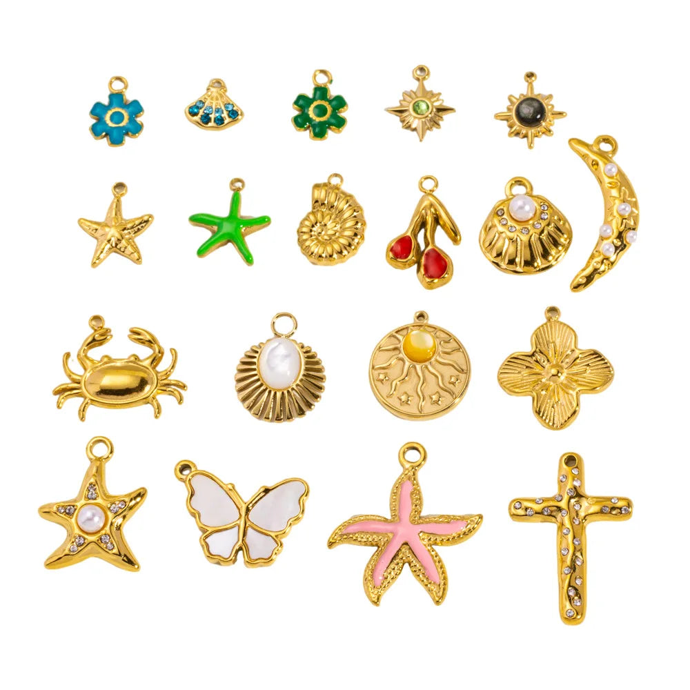 Wholesale Hot DIY Stainless Steel Butterfly Cross Moon Shell Charm Necklace Pendant 18K PVD Gold Plated for Jewelry Making
