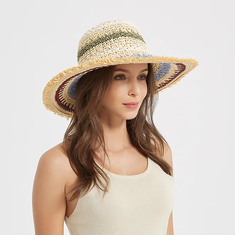 Spring Summer Boho Multi Colored Paper Rope Crocheted Straw Hats Summer Women Vacation Sun Visor Beach Hat