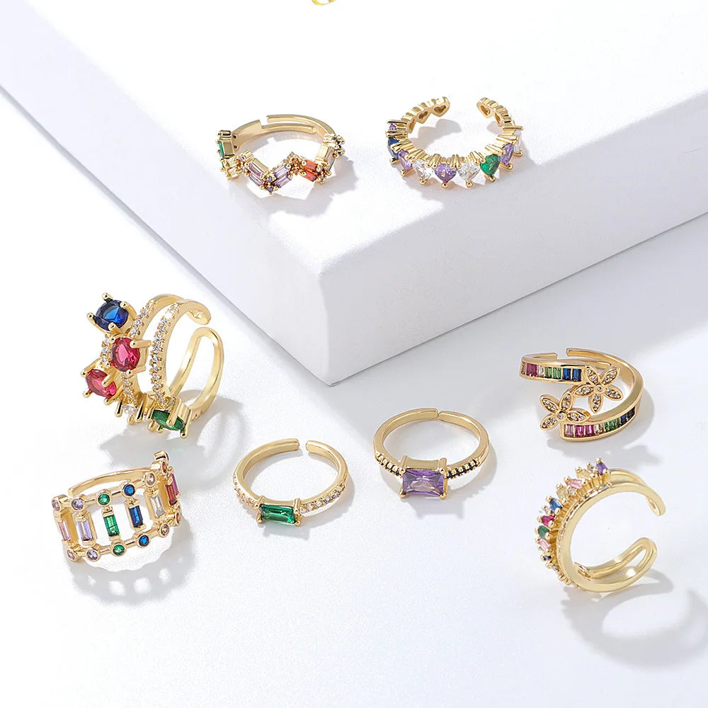 Hot Selling Bohemia Rainbow CZ Heart Open Rings Adjustable Multi Color Cubic Zirconia Flower Rings for Women Girls