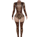 Sexy Long Sleeves Leopard Print Spandex Bodysuit Sexy Club Outfits Show Dancer Leotard Rhinestone Rompers Women Jumpsuit