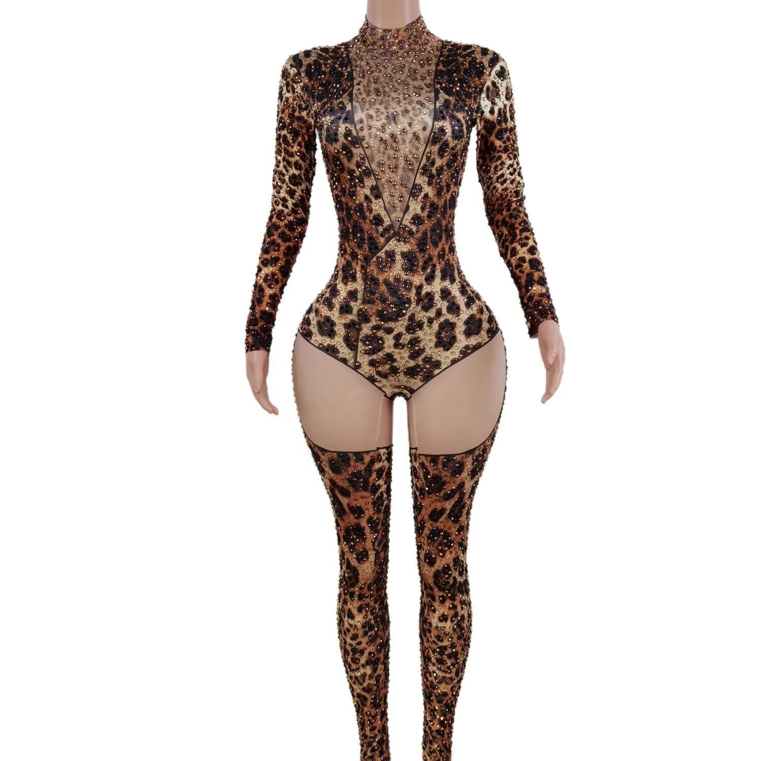 Sexy Long Sleeves Leopard Print Spandex Bodysuit Sexy Club Outfits Show Dancer Leotard Rhinestone Rompers Women Jumpsuit