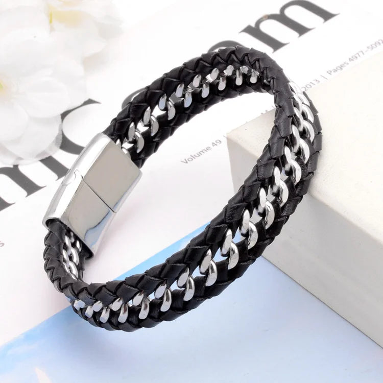 Punk Custom logo Stainless Steel Magnetic Clasp Handmade Jewelry Braided Leather Chain Bracelet Mens