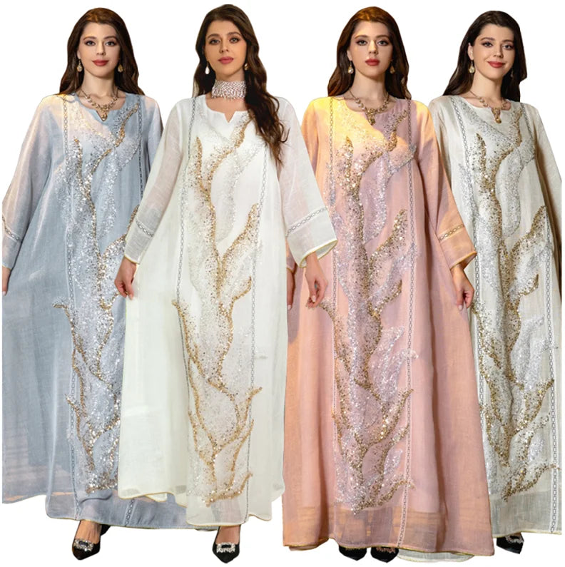 AB295 Trendy Traditional Muslim Women Dress Sequin Embroidery Dubai Robe Jalabiya for Women Reception Muslim Evening Dresses