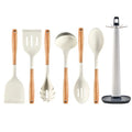 Non Stick Kitchen Accessories Wooden Handles Cooking Utensils 7 Pcs Silicone Kitchen Utensil Set with Rotating Storage Rack